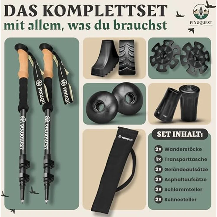 Pinuquest Wanderstöcke Teleskop Carbon, ultraleicht (210g), für 95-200 cm Körpergröße, ergonomische Korkgriffe, 4 Aufsätze für jedes Terrain – Bild 2