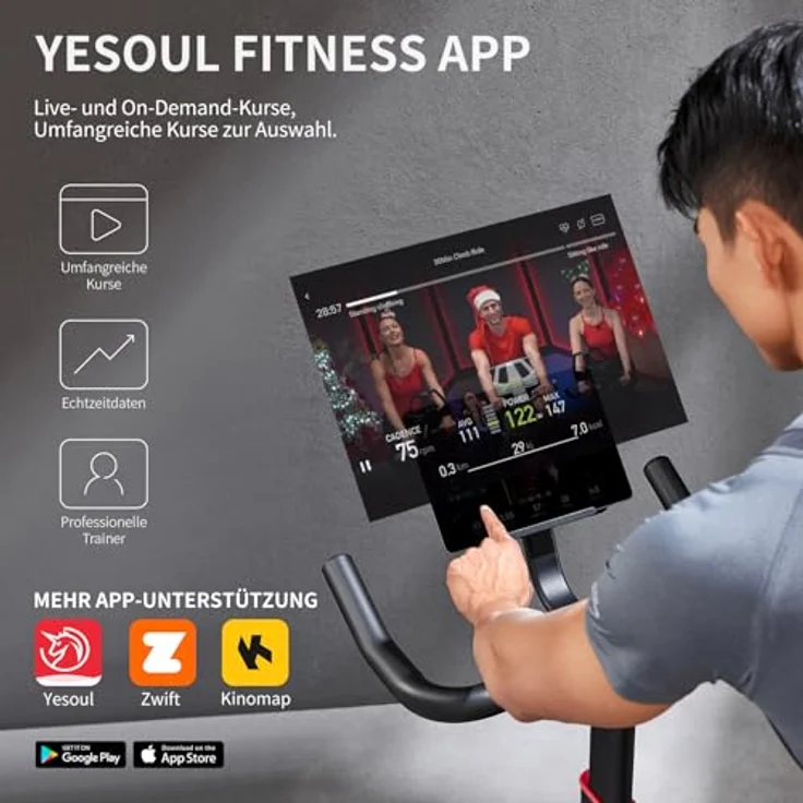 JASPORT C3 Ergometer Heimtrainer Fahrrad, Leises Indoor Fitnessbike mit Magnetischem Widerstand, LCD Display, Kardio Training, Belastbar bis 120 kg, App mit Video-on-Demand-Trainingskursen – Bild 3