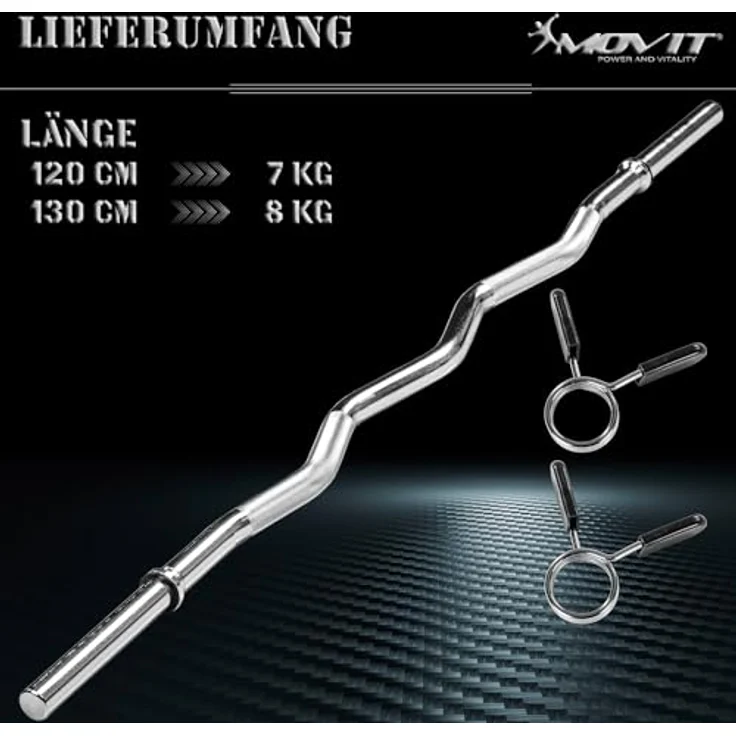 MOVIT® Profi SZ Curlstange, 30mm STANDARDNORM, Auswahl: 120cm (7kg) o. 130cm (8kg), verchromt o. schwarz, Sternverschluss o. Federverschluss, Hantel Curl Stange Hantelstange – Bild 3