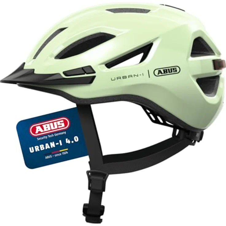 ABUS Stadthelm Urban-I 4.0, Fahrradhelm mit aufladbarem Rücklicht, 2 Leuchtmodi, Zopf-Öffnung, Größe S, grün – Bild 1