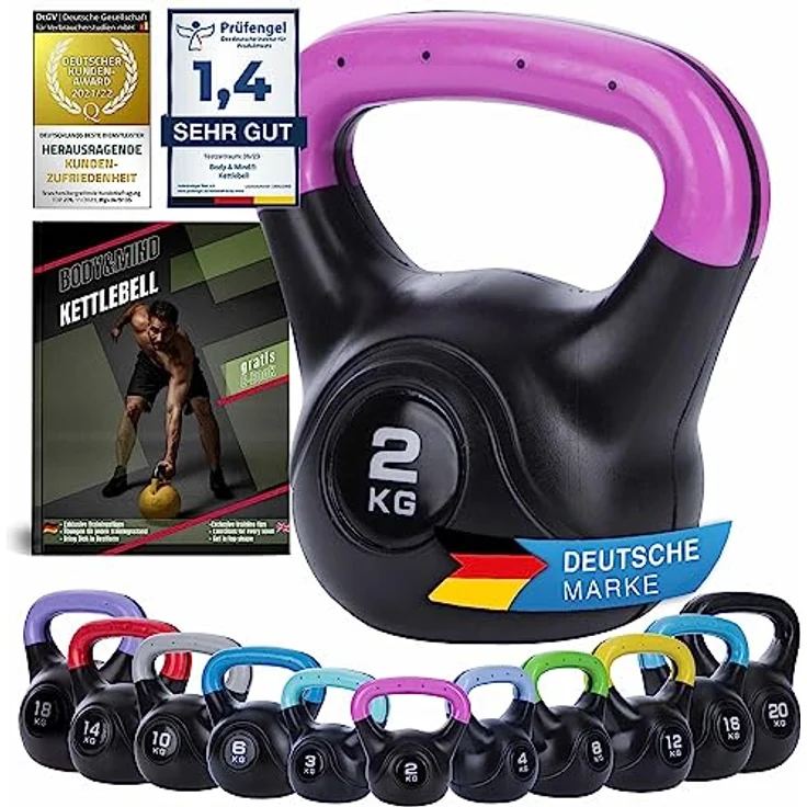 Body & Mind® Kettlebell Kugelhantel 2-20 kg - Workout Gewicht-Hantel für Kraft-Training - Profi Fitness Schwunghantel aus Kunststoff (a - 2 kg) – Bild 1