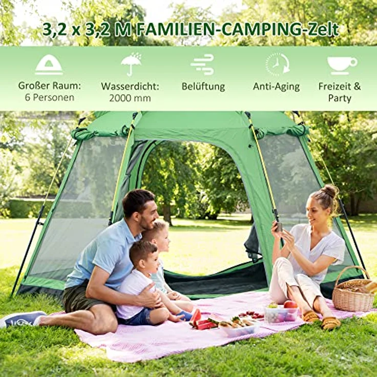 Outsunny Camping Zelt 6 Personen Kuppelzelt, wasserdicht mit schnellem Auf- und Abbau, grün, 320 x 320 x 180 cm – Bild 3