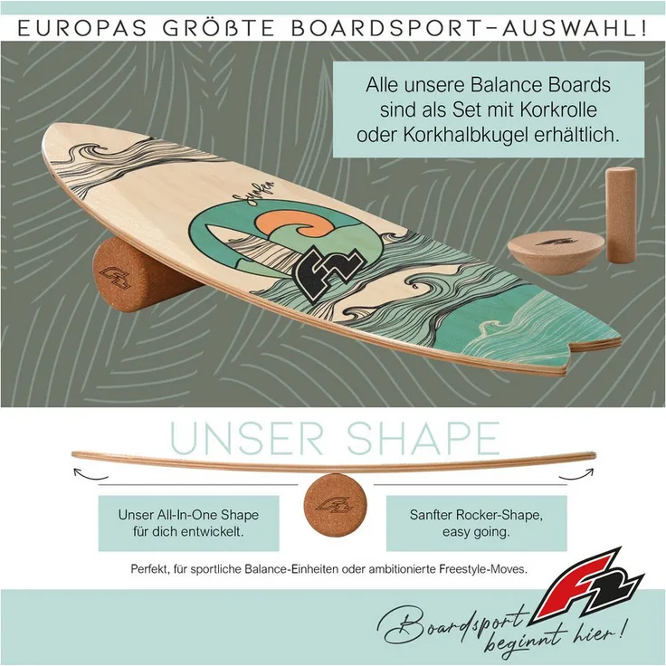 F2 Balanceboard F2 Set Balance Board Surfer 76x28cm mit rutschfester Oberfläche und Kork Halbkugel für Fitness und Gleichgewichtstraining
