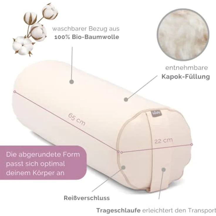 Bodhi Yoga Bolster | ECO Serie | Yogarolle mit Kapok-Füllung | Waschbarer Bezug aus 100% Bio-Baumwolle | Yogakissen für Restoratives Yoga | 65 x 22 cm (Natur) – Bild 3