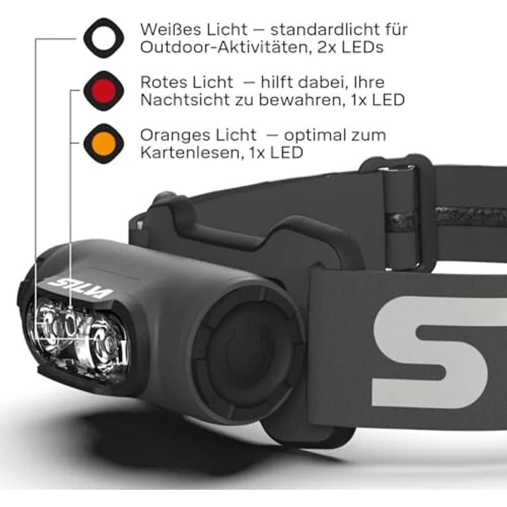 Silva Explore 4, Batteriebetriebene Stirnlampe mit 400 Lumen, 3 Helligkeitsstufen, 3 LED-Farben und wasserdichtem Design für Outdoor-Aktivitäten – Bild 3