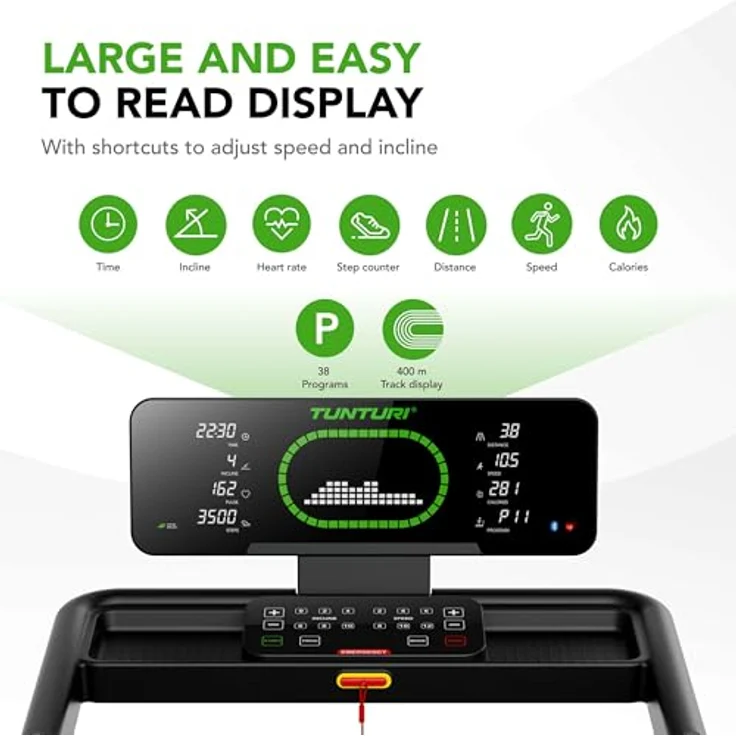 Tunturi Cardio Fit T50 Laufband - Walking Pad mit 44 Programmen, klappbar und kompakt, 0,8 bis 16,0 km/h, große Lauffläche 130 × 45 cm, automatische Steigung 15 Stufen, LED-Display, Fitnessgerät für Zuhause – Bild 2