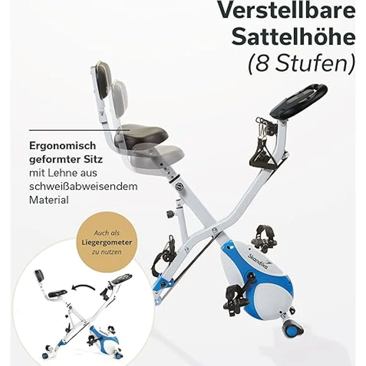 Skandika Fitnessbike Foldaway X-3000 X-Bike mit Lehne, Ergometer Fahrrad, klappbarer Hometrainer | Multi-Gym 4 in 1 Heimtrainer, Liegeergometer, Beintrainer, Kraftstation | blau/weiß – Bild 5