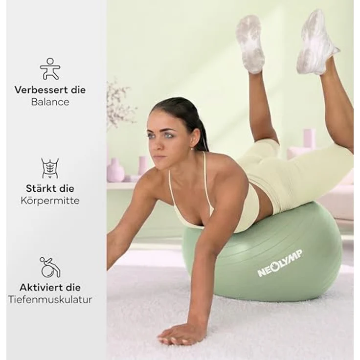 NEOLYMP Gymnastikball Sitzball Büro ergonomisch, Anti-Burst bis 300 kg belastbar, rutschfest, 150 cm (Matcha, S) – Bild 5