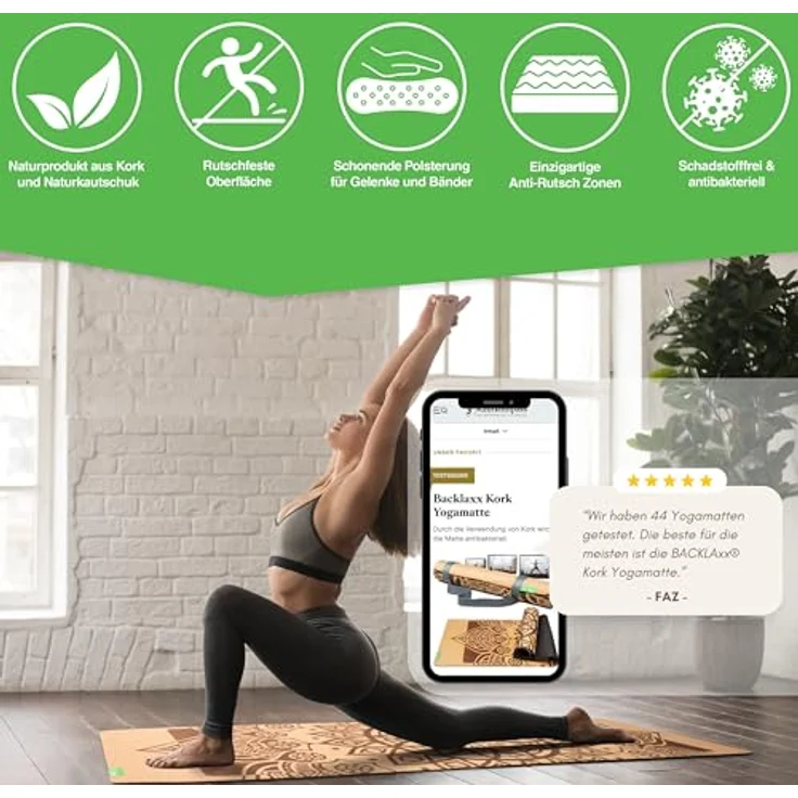 BACKLAxx® Yogamatte Kork mit Naturkautschuk - Yoga Matte nachhaltig, schadstofffrei, Yogamatte rutschfest, Fitnessmatte mit Anti-Rutsch-Zonen inkl. Tragegurt, Turnmatte für Yoga und Matte Sport – Bild 2