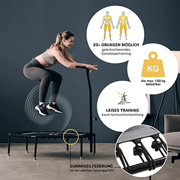 SportPlus| Newest Edition | Fitness Trampolin für zuhause, mit Haltestange (5-Fach höhenverstellbar), weiche Gummiseilfederung, sehr leise & bis 130 kg belastbar, anthrazit – Bild 4