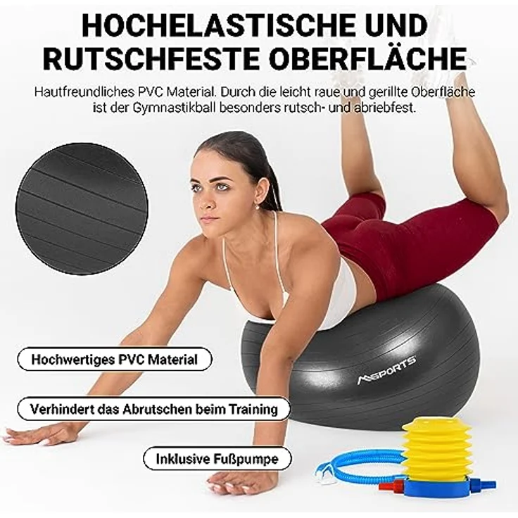 MSPORTS Gymnastikball Premium Anti Burst inkl. Pumpe 55 cm - 105 cm Sitzball - Fitnessball inkl. Übungsposter Medizinball (65 cm, Anthrazit) – Bild 4