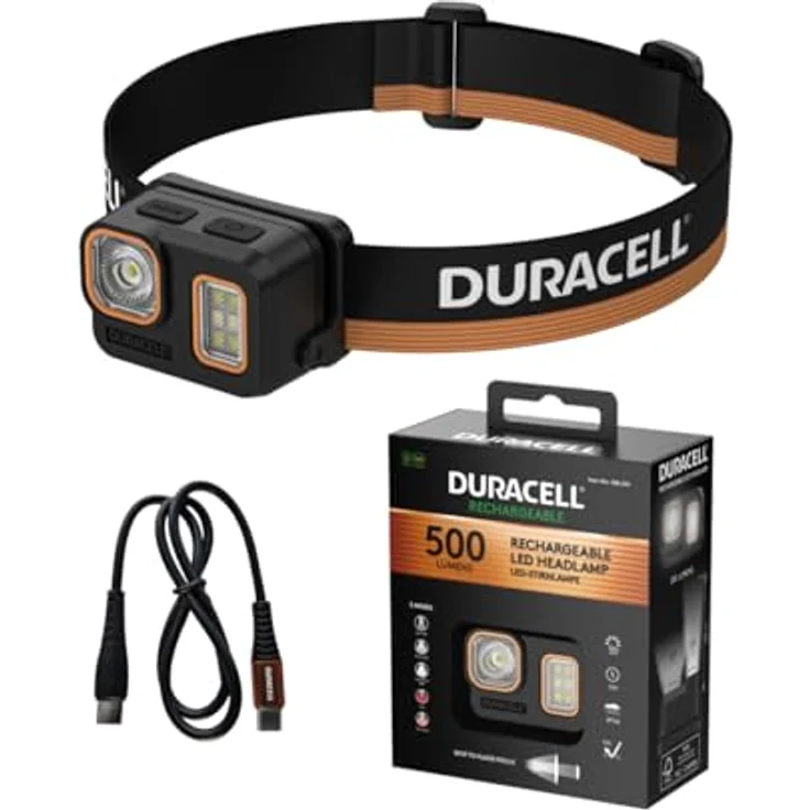 Duracell LED Stirnlampe DH500R Core, 500 Lumen, fokussierbar, 40 m Leuchtweite, Rotlichtfunktion, USB-C wiederaufladbar, spritzwassergeschützt – Bild 1