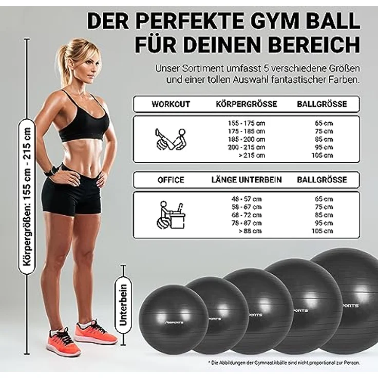 MSPORTS Gymnastikball Premium Anti Burst inkl. Pumpe 55 cm - 105 cm Sitzball - Fitnessball inkl. Übungsposter Medizinball (65 cm, Anthrazit) – Bild 2