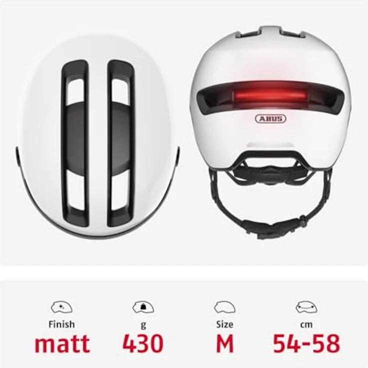 ABUS Stadthelm HUD-Y ACE, stylischer Fahrradhelm mit Visier und magnetischem, aufladbarem LED-Rücklicht, Weiß Glänzend, Größe M – Bild 3