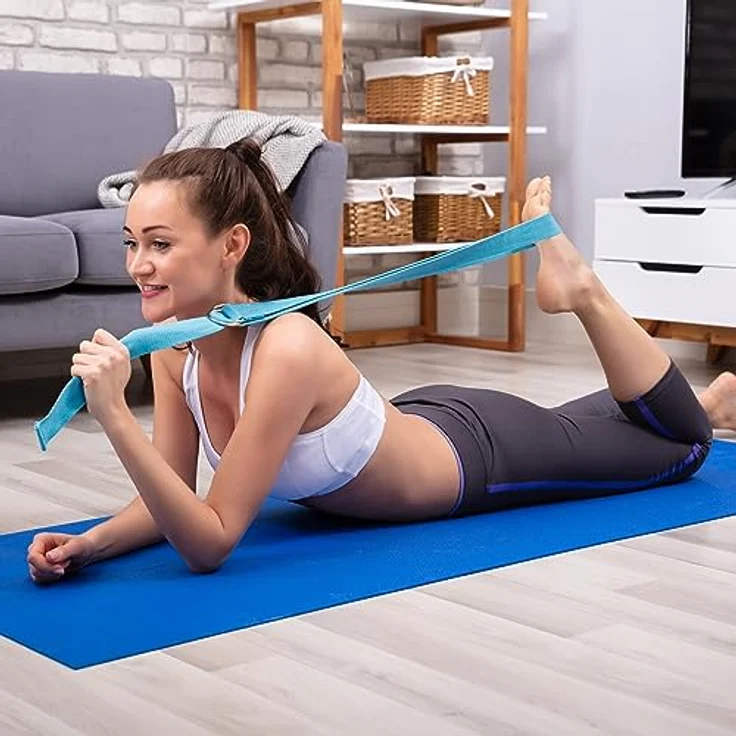 Relaxdays Yogagurt 2er Set, Dehnungshilfe, 250 x 3,8 cm, Yogaband für Anfänger und Fortgeschrittene, Baumwolle, hellblau – Bild 3
