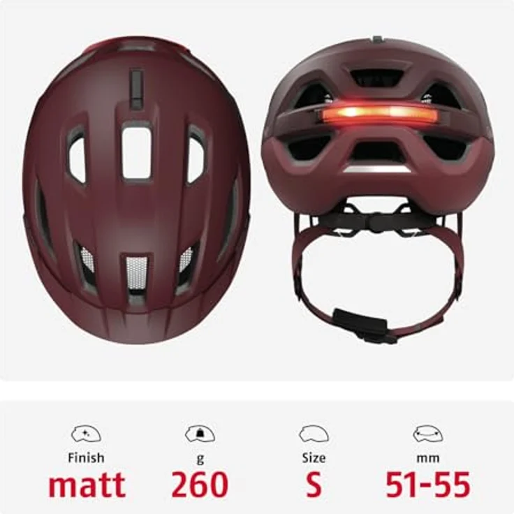 ABUS Stadthelm Urban-I 4.0 ACE, Fahrradhelm mit aufladbarem Rücklicht, 4 Leuchtmodi, Schirm, Zopf-Öffnung, magnetischem Verschluss - Größe S, rot – Bild 3