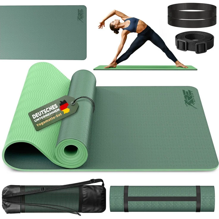 RE:SPORT Gymnastikmatte TPE, rutschfest, 183 x 61 x 0,6 cm, olivgrün, mit Tragetasche und Tragegurt für Fitness, Pilates und Workout