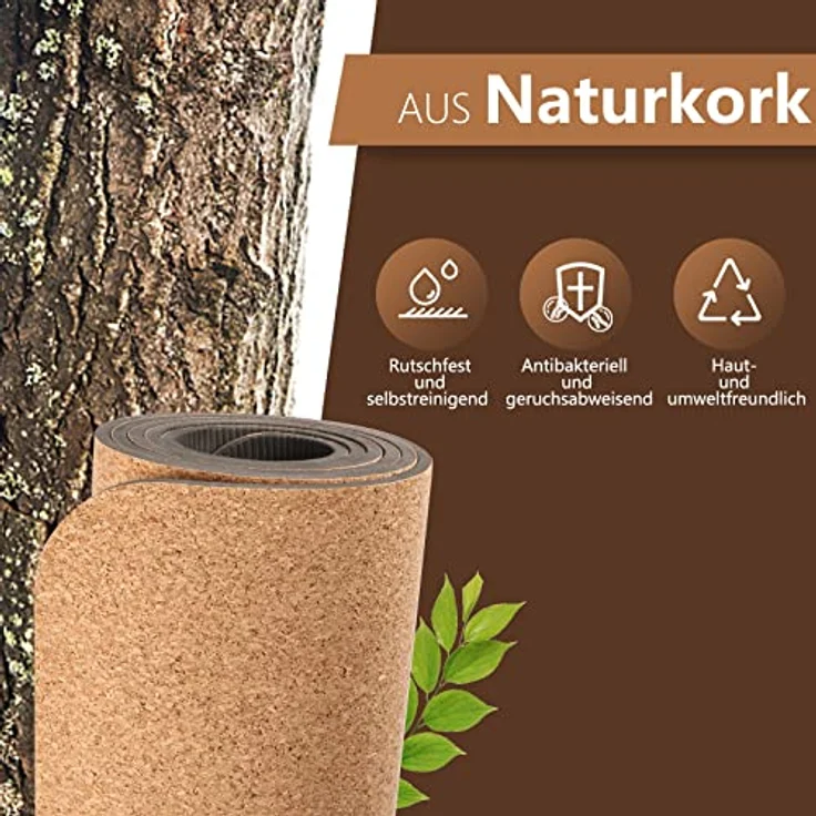 DH FitLife Yogamatte aus Kork & TPE, Gymnastikmatte 183 x 61 x 0,6 cm, Fitnessmatte rutschfest & umweltfreundlich, selbstreinigend - Yoga Matte mit Orientierungslinien (großer Lotos) – Bild 2