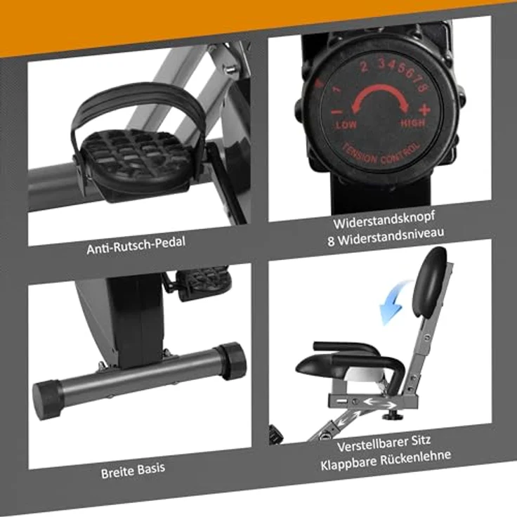 Leiv Klappbarer Senior Liege-Fitness-Bike | Heimtrainer mit magnetischem Bremssystem & 8-fachem Widerstand, niedriger Einstieg, vielseitiger Trainingscomputer - Silber – Bild 3