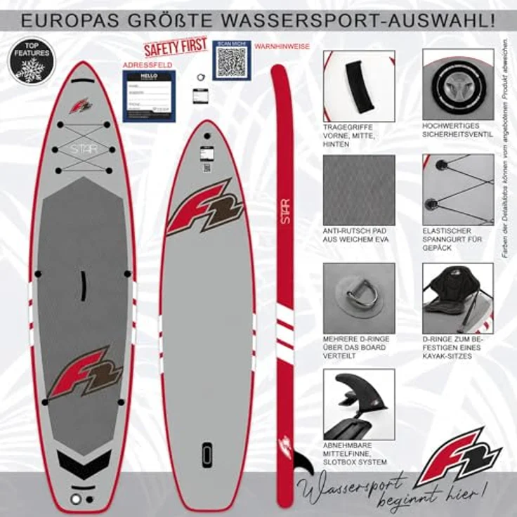 F2 SUP Stand Up Paddle Board Star 320cm 10,5 Grau, stabiles Allround-Board mit rutschfestem EVA-Deckpad und umfangreichem Zubehörset – Bild 2