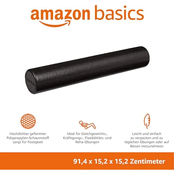 Amazon Basics Hochdichte Schaumstoffrolle, rund - 90 cm, Schwarz, ideal für Gleichgewichtstraining und Rehabilitationsübungen – Bild 2