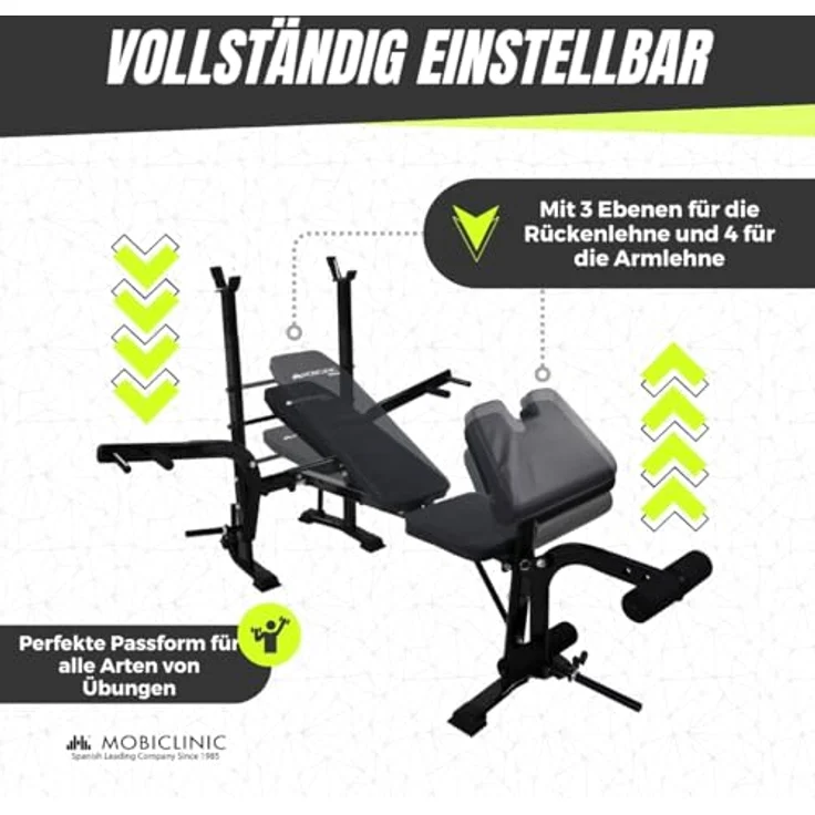 Mobiclinic® Fitness, Multifunktionale Trainingsbank, Pressfit, Verstellbar, klappbar, Stahl, Belastbar bis 250 kg, Unterstützung für Stangen, ideal für Kraftübungen zu Hause – Bild 4