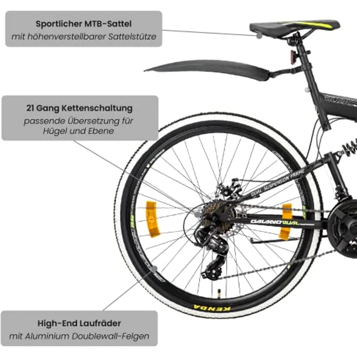 Galano Volt DS Mountainbike Fully, 26 Zoll, 21 Gang, für Jugendliche ab 160 cm, Farben: weiß/grün, schwarz/grün, schwarz/rot – Bild 4