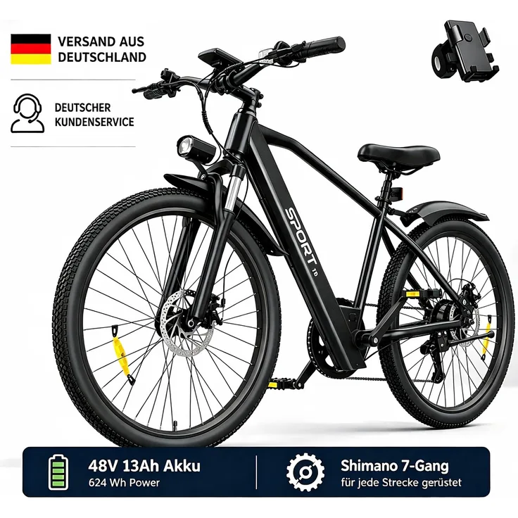 PiXELPiLOT T8S E-Bike, Trekking E-Bike mit doppelter Federung, 250W Pedelec, 48V 13Ah Akku, Shimano 7-Gang, LED-Licht, LCD Display, 26 Zoll