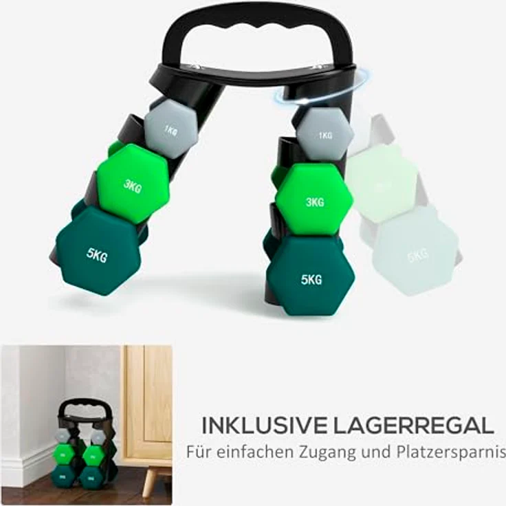 SPORTNOW Hanteln Set 6 Kurzhanteln mit Klappbarem Hantelständer, 2 x 1kg, 2 x 3kg, 2 x 5kg Hexagon-Hanteln, Kugelhantel für Fitness, Gymnastik, Zuhause, farbig – Bild 4