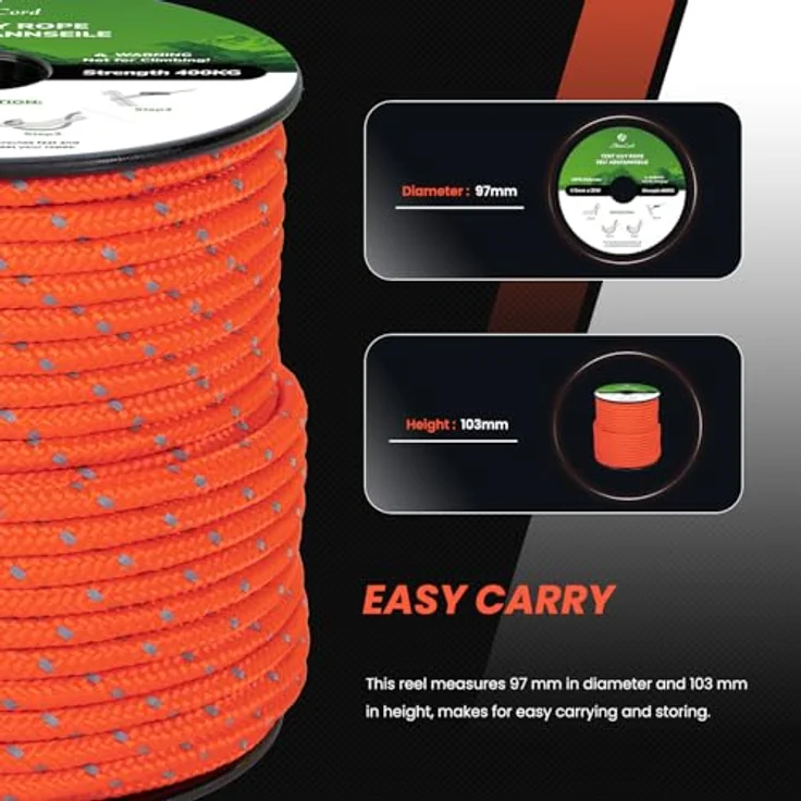 Abma Cord Zelt-Abspannseile mit 6 Seilspannern, 30m lang, 5mm Durchmesser, reflektierend, neon orange, hohe Abriebsfestigkeit, 400 kg Bruchlast – Bild 4