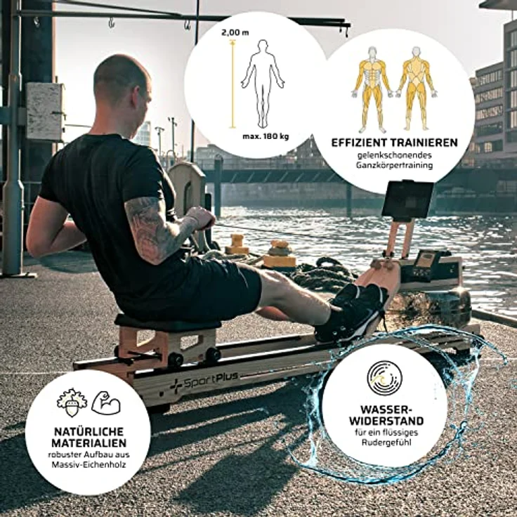 SportPlus | Wasser-Rudergerät für zuhause aus Natur-Massivholz (Eiche) | Holz-Rudergerät mit Trainingscomputer (App-kompatibel), hohe Qualität & Zeitloses Design - SP-WR-1800 – Bild 4