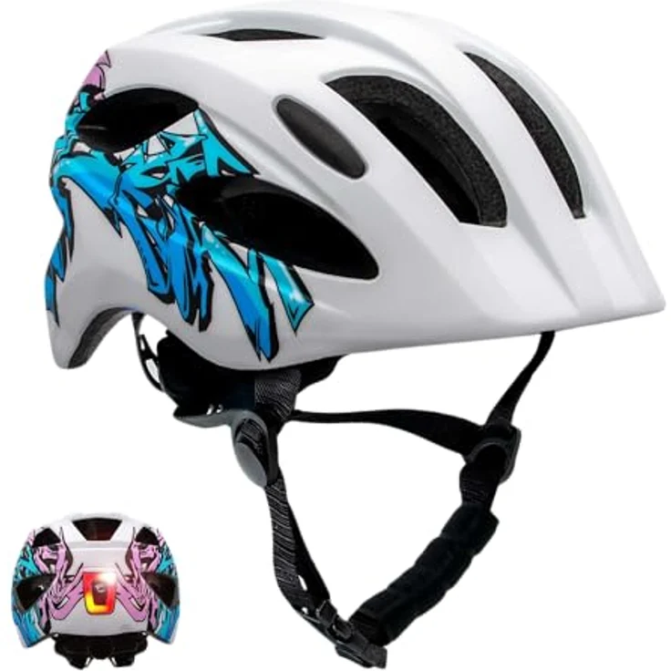 Crazy Safety Graffiti Kinder Fahrradhelm, verstellbar von 54-58 cm, mit wiederaufladbarem USB-Rücklicht und 15 Lüftungslöchern, Weiß/Blau – Bild 1