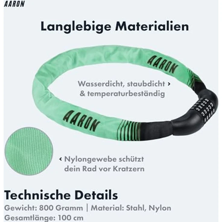 AARON Lock One Fahrradschloss, 5-stelliger Zahlencode, Kettenschloss aus gehärtetem Stahl, hohe Sicherheitsstufe, 100 cm lang, Mint – Bild 3