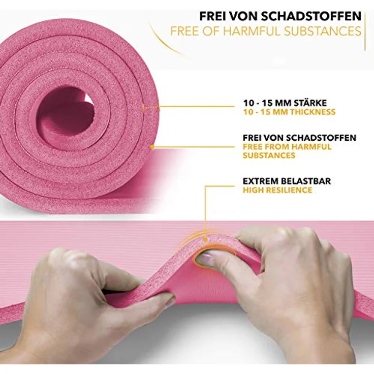 TRESKO Yogamatte Phthalatfrei, rutschfest & gelenkschonend mit Tragegurt, 185 x 60 x 1,5 cm, rosa – Bild 3