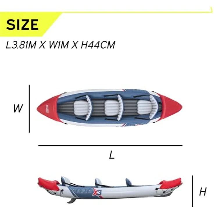 Bestway Hydro Force Rapid X3 Kajak-Set, aufblasbar für 3 Erwachsene, 280 kg Tragfähigkeit, Inflata-Shield Pro-Material, 3 Luftkammern, GS-zertifiziert, inkl. Paddel und Doppelhubkolbenpumpe – Bild 3