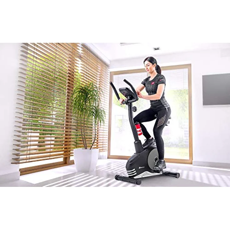 Hop-Sport Spark Heimtrainer Fahrrad - Fitnessgerät für Zuhause mit Pulssensoren & Computer, 8 Widerstandsstufen, Schwungmasse 9 kg - Fitnessbike für EIN max. Nutzergewicht von 120kg Silber – Bild 2