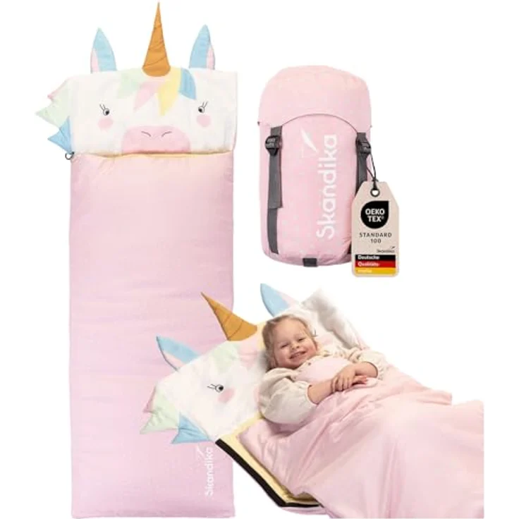 SKANDIKA Kinderschlafsack Soti, Camping Schlafsack für Kinder bis 150 cm, buntes Einhorn-Design, Baumwolle, maschinenwaschbar, Komfort-Temperatur 13 °C bis 3 °C – Bild 1
