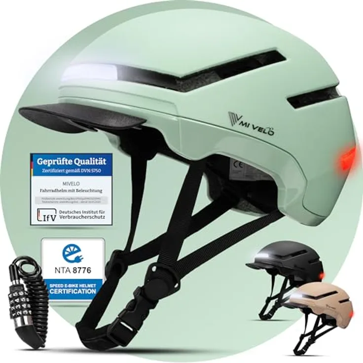 MIVELO NOVA Fahrradhelm, NTA zertifiziert bis 45 km/h, ultraleicht mit LED-Licht und Helmschloss, Unisex, Mint, L (57-61 cm)