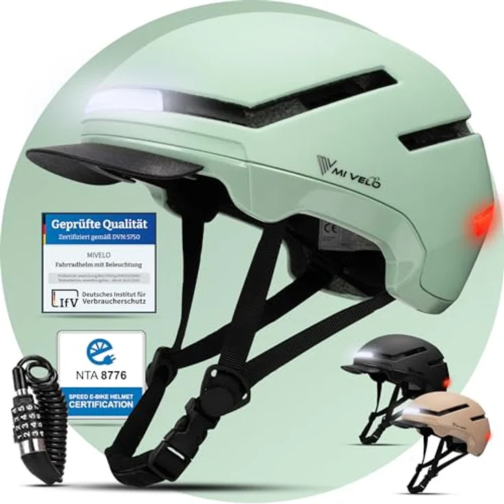 MIVELO NOVA Fahrradhelm, NTA zertifiziert bis 45 km/h, ultraleicht mit LED-Licht und Helmschloss, Unisex, Mint, L (57-61 cm) – Bild 1