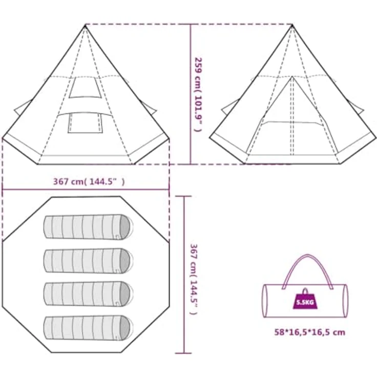 vidaXL Campingzelt, Tipi-Zelt für 4 Personen, wasserdicht mit E-Anschluss, blau, 5.5 kg – Bild 3