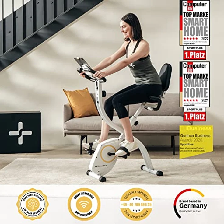SportPlus X-Bike Heimtrainer klappbar für zuhause mit Rückenlehne, 8 Stufen, Display mit Smartphone- & Tablethalterung, mit App-Kompatibilität bis 100 kg belastbar – Bild 2