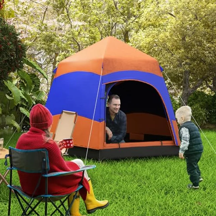 Outsunny Quick-Up-Zelt Doppelwandzelt Outdoor Familienzelt Pop-Up für 4–6 Personen 4 Jahreszeiten wasserdicht Orange + Blau 275 x 275 x 170 cm – Bild 2