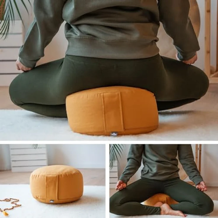 Bodhi Meditationskissen Rondo ECO | Yogakissen mit Bio Dinkelfüllung | Bezug aus 100% Baumwolle | Waschbarer Bezug mit praktischer Trageschlaufe | Höhe 20 cm (Mineral Blue) – Bild 6