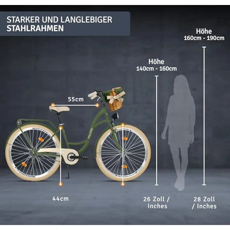 Milordbikes City-Fahrrad, Grün, Metall, 46 cm, leichtgängige 700C Reifen, 17 kg, inkl. Träger und Werkzeug – Bild 3