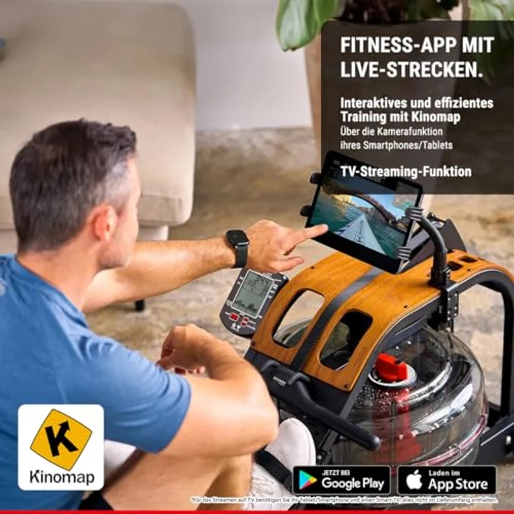 HAMMER Aquon Water Flow PRO, klappbares Wasser Rudergerät mit 5 Widerstandsstufen, Kinomap-kompatibel und edler Holzästhetik – Bild 3
