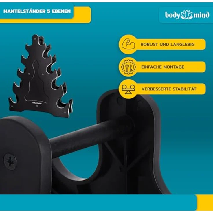 Body & Mind® Hanteln 2er Set, Gymnastikhanteln mit rutschfester Neoprenbeschichtung, 10 Kurzhanteln in 5 Gewichtsklassen und 5-Ebenen Hantelständer für effektives Krafttraining zuhause – Bild 2