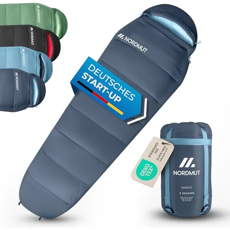 NORDMUT® Schlafsack Ultraleicht – Mumienschlafsack für Sommer (100 GSM) und 4-Jahreszeiten (300 GSM), wasserfest, 900g, inkl. Kompressionsbeutel, Marine