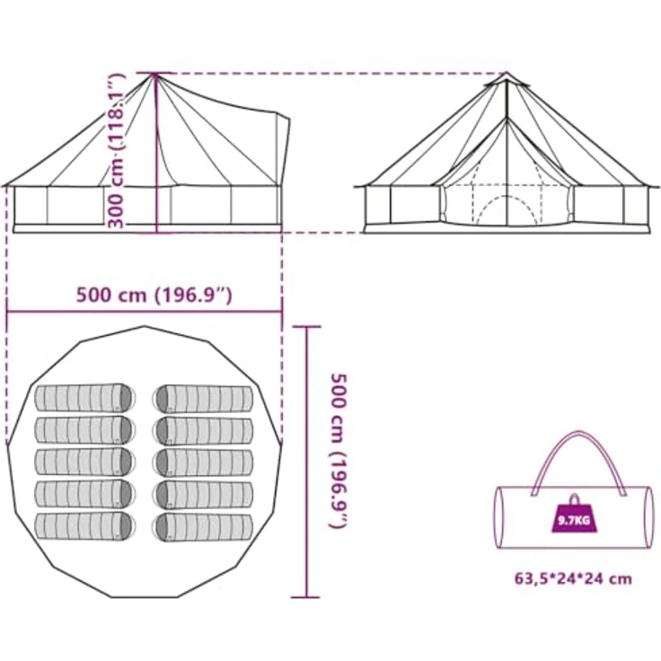 vidaXL Tipi Familienzelt 10 Personen, Campingzelt mit Netzwände, Wasserdicht Tipizelt mit E-Anschluss, Gartenzelt, Grün 185T Polyester – Bild 3