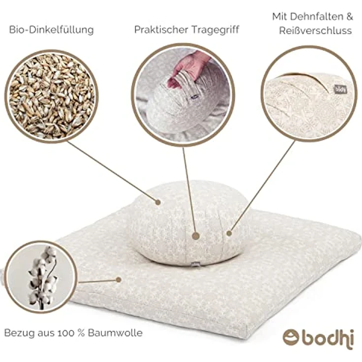 Bodhi Meditations-Set | Maharaja Collection | Meditationsmatte (Zabuton) & Meditationskissen Zafu mit Dinkelfüllung | Bezug aus Baumwolle | Unterlage zur Meditation (Lotus/Berry) – Bild 5