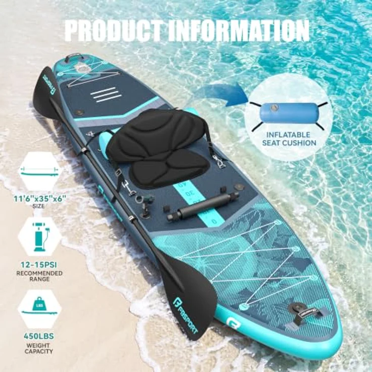 FBSPORT Aufblasbares SUP Board, 15CM dick, mit verstellbarem Aluminium Paddel und Pumpe, für Anfänger und Fortgeschrittene, Blue Teal – Bild 2